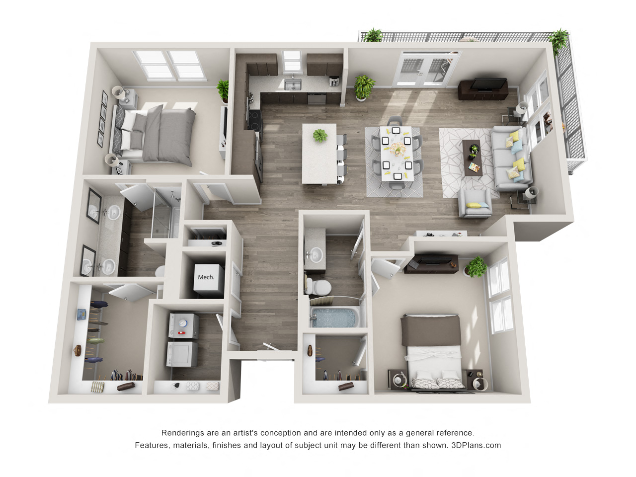 Floor plan for 2 beds, 2 baths, 1357 sqft